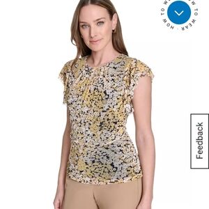 Tommy Hilfiger Yellow and Black Floral Ruffle Cap-Sleeve Top